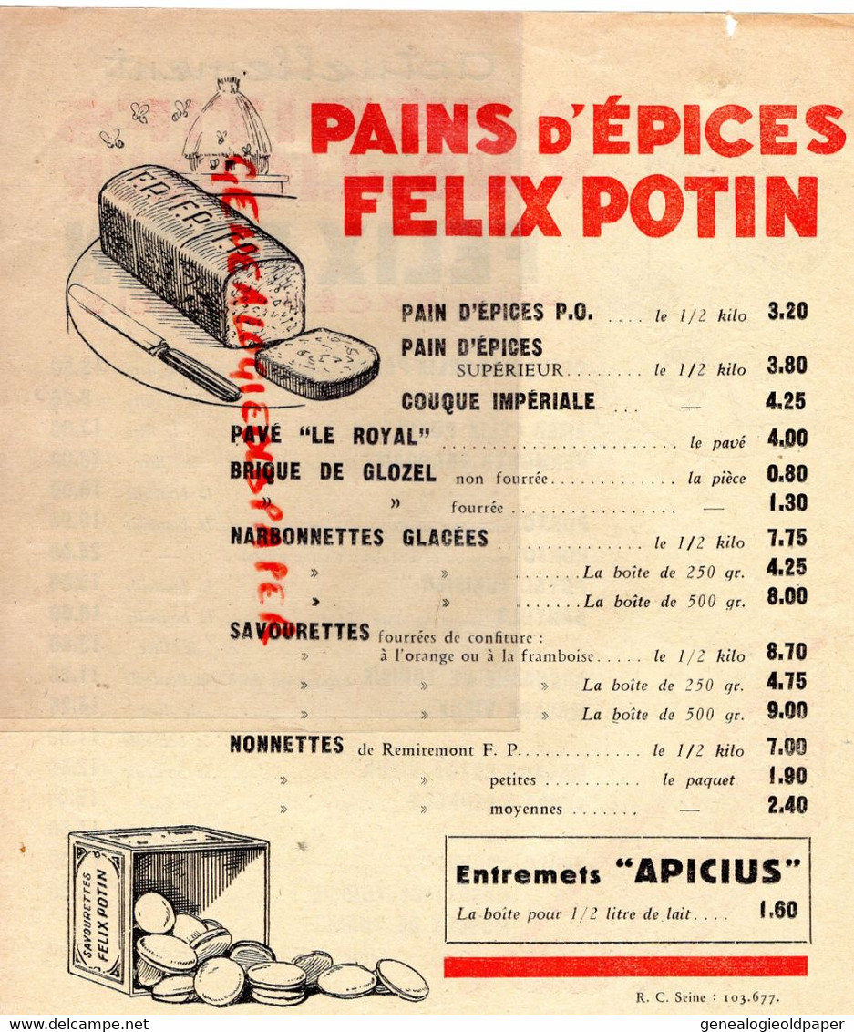 75-PARIS-PUBLICITE FELIX POTIN  PAINS D' EPICES-COUQUE -BRIQUE DE GLOZEL-NONNETTES-APICIUS BISCUITERIE GATEAUX-ANNEES 20 - Publicités