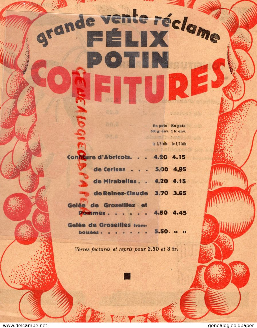 75-PARIS-PUBLICITE FELIX POTIN  CONFITURES CONFITURE ABRICOTS-CERISES MIRABELLES-GROSEILLES -REINES CLAUDE -ANNEES 20 - Werbung