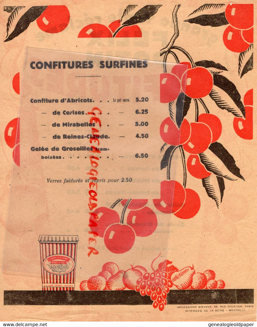 75-PARIS-PUBLICITE FELIX POTIN  CONFITURES CONFITURE ABRICOTS-CERISES MIRABELLES-GROSEILLES -REINES CLAUDE -ANNEES 20 - Advertising