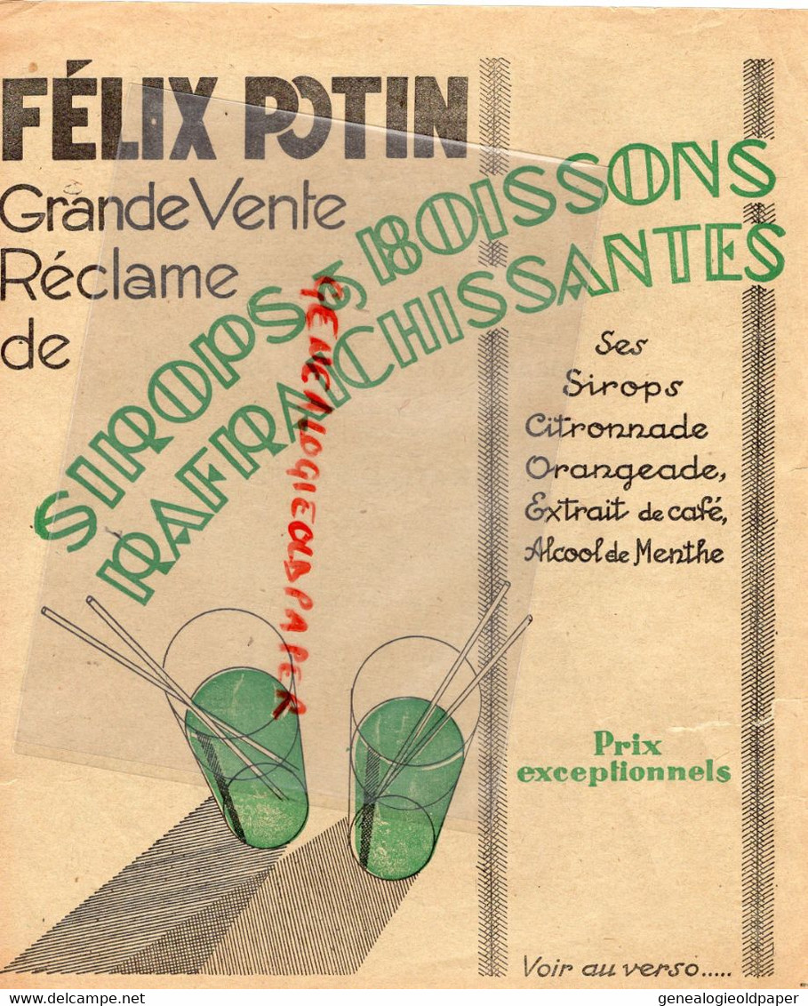 75-PARIS-PUBLICITE FELIX POTIN  SIROPS BOISSONS CITRONNADE-ORANGEADE EXTRAIT CAFE-ALCOOL MENTHE -ANNEES 20 - Publicités
