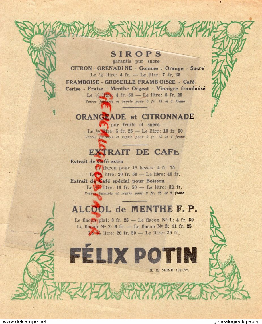 75-PARIS-PUBLICITE FELIX POTIN  SIROPS BOISSONS CITRONNADE-ORANGEADE EXTRAIT CAFE-ALCOOL MENTHE -ANNEES 20 - Werbung