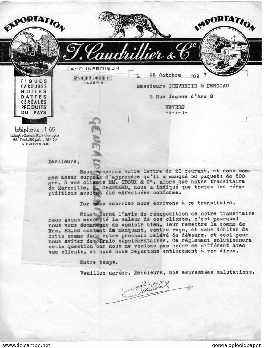 ALGERIE -BOUGIE- LETTRE J. CAUDRILLIER CAMP INFERIEUR-EXPORTATION FIGUES-CAROUBES-DATTES-CHEVRETIN & PERCIAU NEVERS-1937 - Sonstige & Ohne Zuordnung