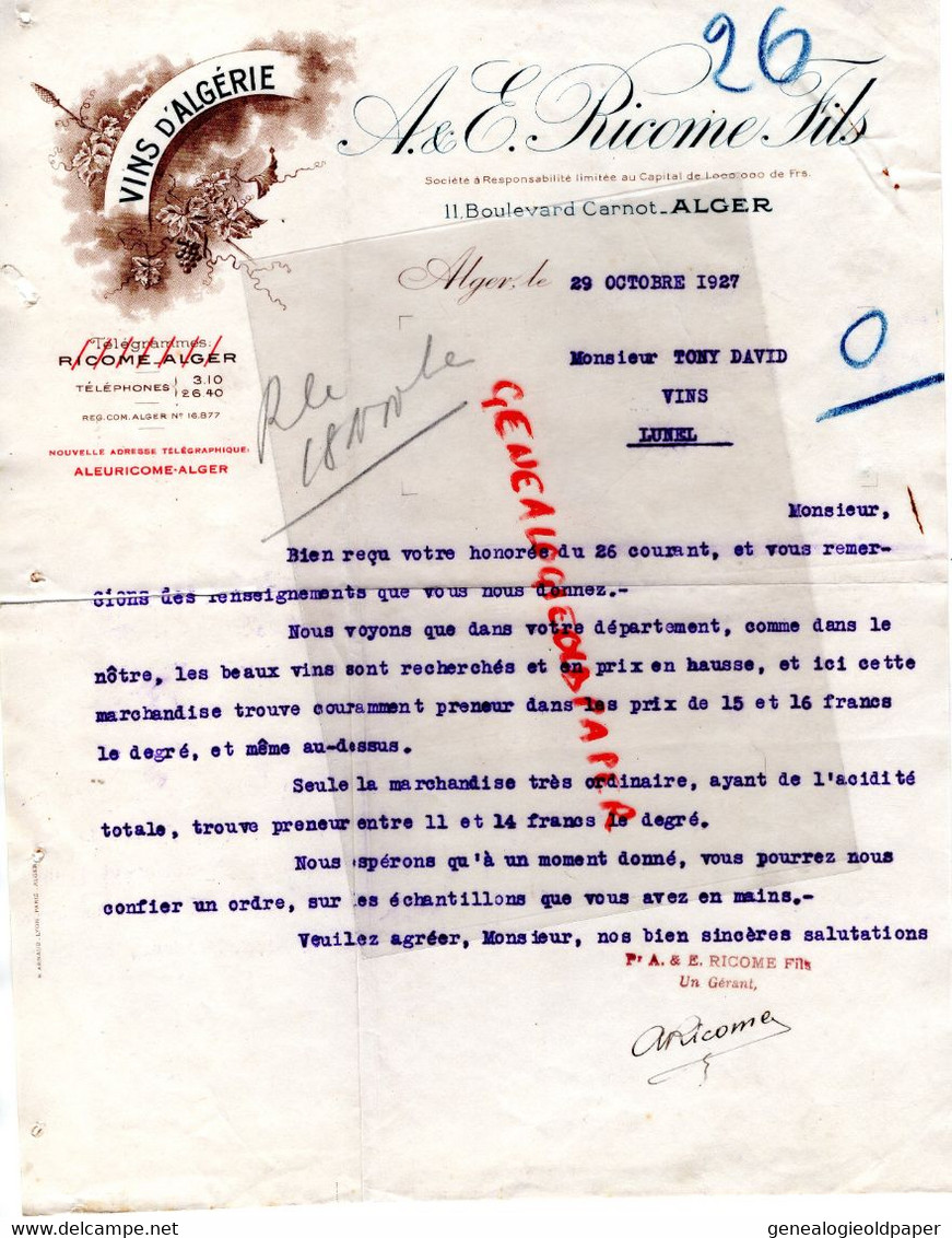 ALGERIE -  ALGER- RARE LETTRE A. E RICOME FILS-VINS -11 BOULEVARD CARNOT- 1927-A TONY DAVID LUNEL - Autres & Non Classés