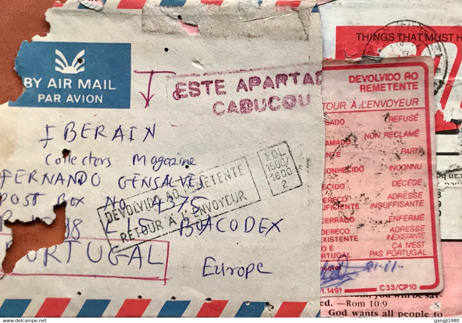 PORTUGAL 1990, USED COVER FROM INDIA,RETURN TO SENDER, PINK SLIP, LABLE,ESTE APARTAD CADUCOU RED RARE CHOP & BLACK RETO - Covers & Documents