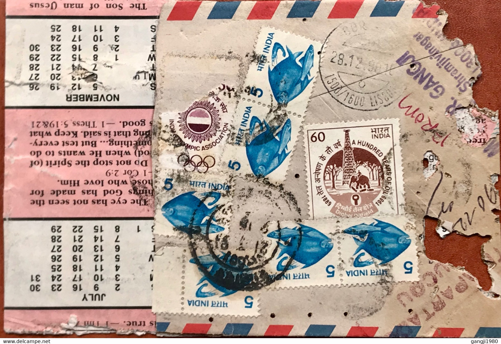 PORTUGAL 1990, USED COVER FROM INDIA,RETURN TO SENDER, PINK SLIP, LABLE,ESTE APARTAD CADUCOU RED RARE CHOP & BLACK RETO - Cartas & Documentos