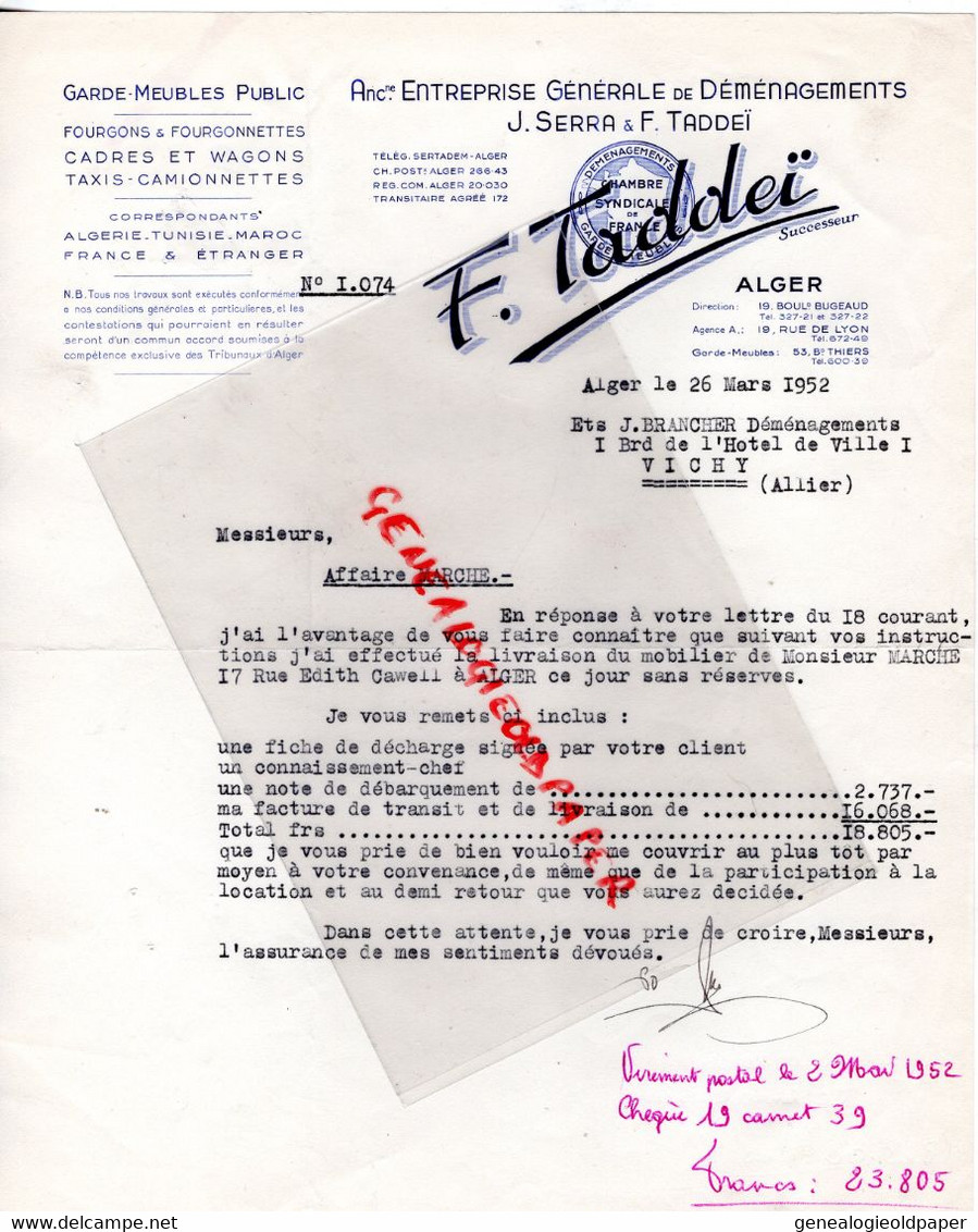 ALGERIE - ALGER- LETTRE J. SERRA & F. TADDEI-ENTREPRISE DEMENAGEMENTS-A J. BRANCHER BD HOTEL VILLE VICHY-1952 - Other & Unclassified