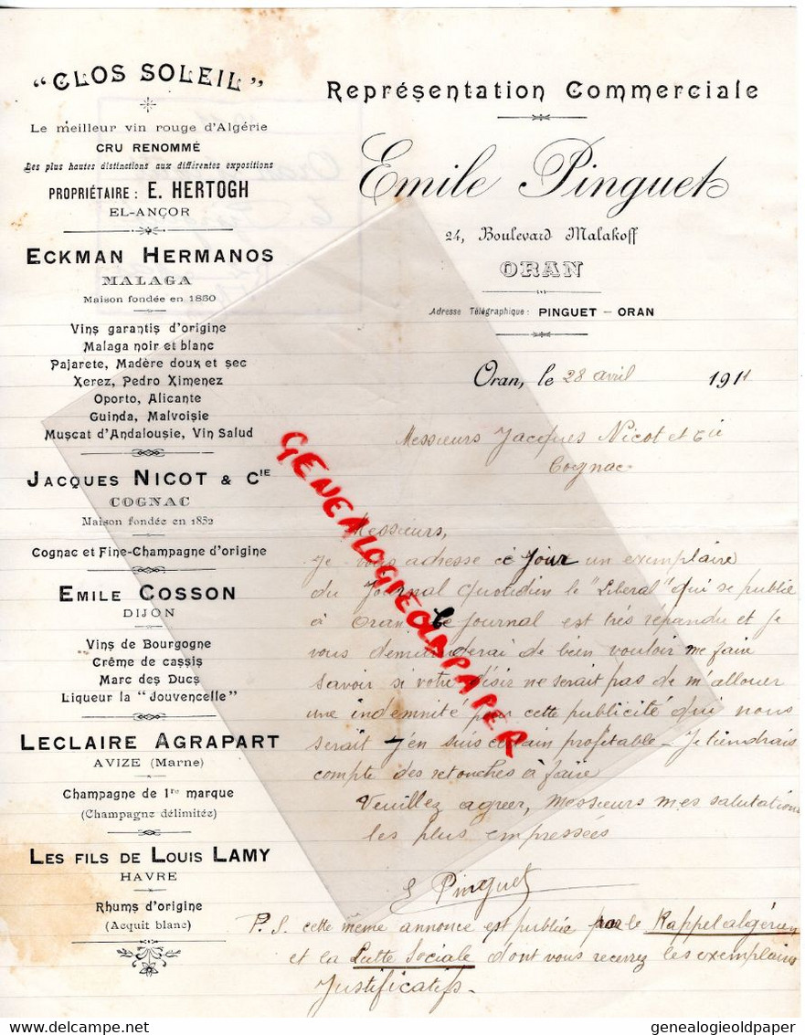 ALGERIE -ORAN- LETTRE EMILE PINGUET-VIN CLOS SOLEIL-E. HERTOGH-A JACQUES NICOT COGNAC 1911-EMILE COSSON DIJON-LOUIS LAMY - Andere & Zonder Classificatie