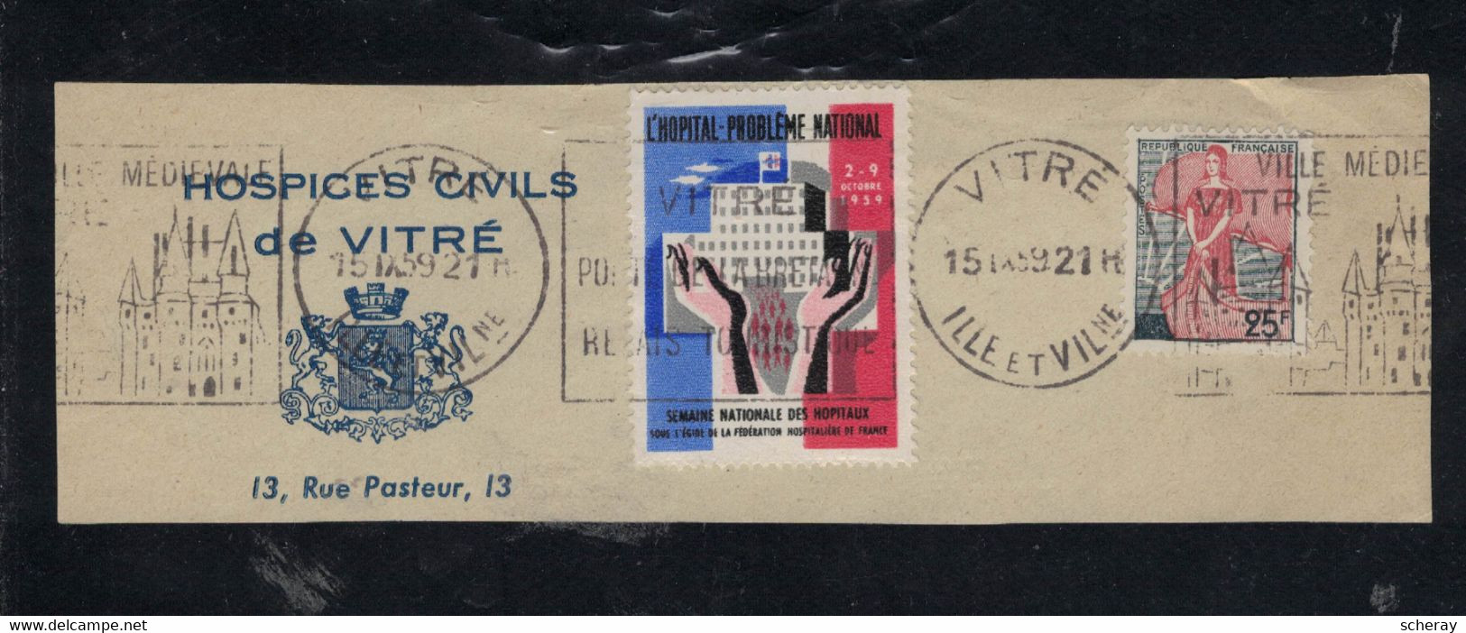 YT 1216 +  VIGNETTE SANS VALEUR HOPITAL PROBLEME NATIONAL SUR FRAGMENT OBL FLAMME VITRE 15 IX 59 ( Lot 56 ) - Storia Postale