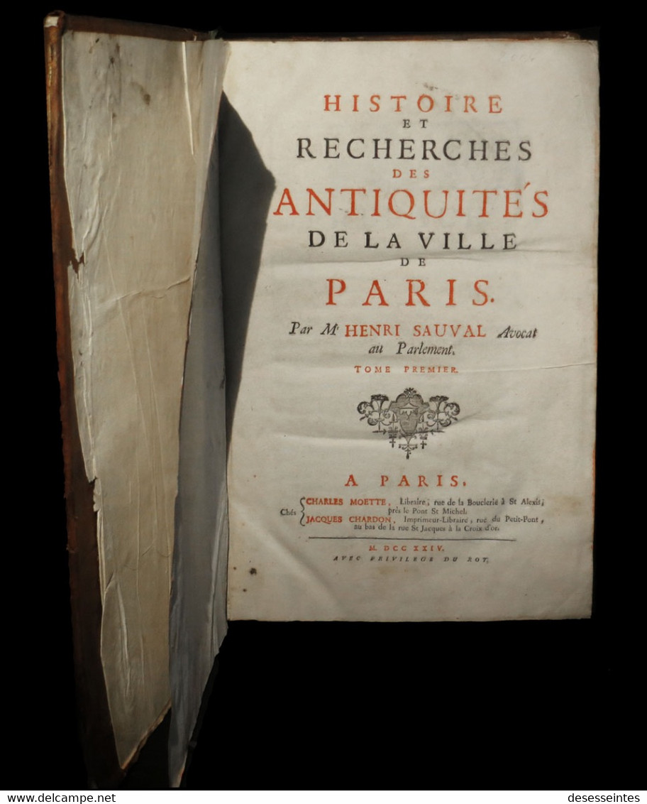 SAUVAL (Henri) - Histoire Et Recherches Des Antiquités De La Ville De Paris. EO 1724. - 1701-1800