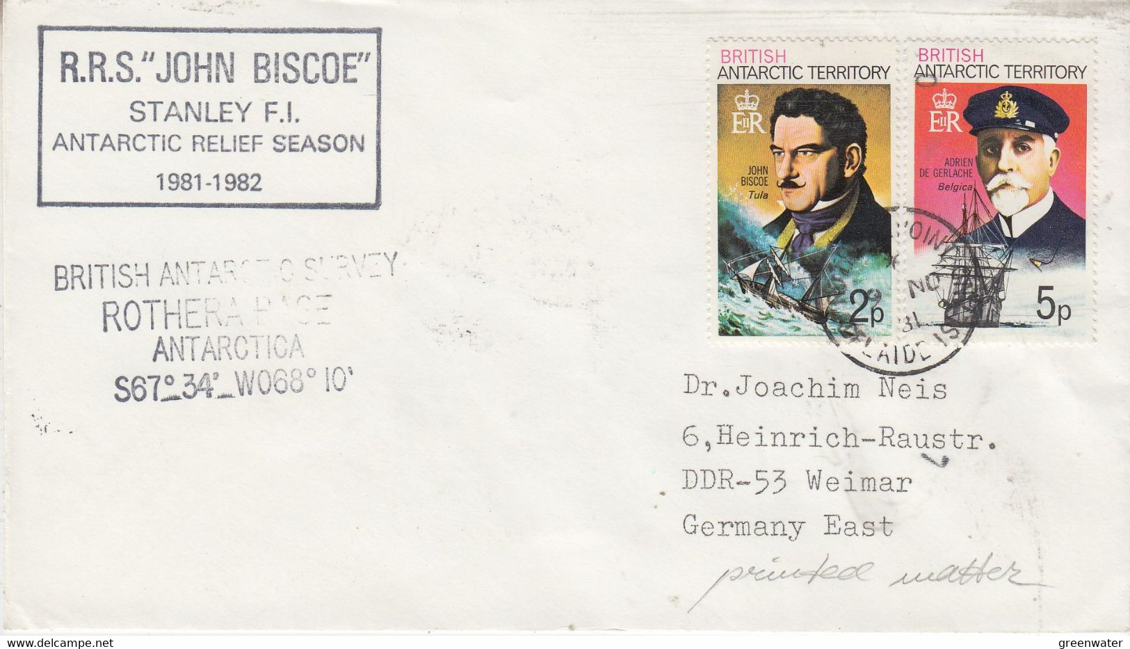 British Antarctic Territory (BAT) Cover RRS John Biscoe / Rothera Base Ca Rothera Point Adelaide Isl  9 NO 1981 (TB181A) - Briefe U. Dokumente