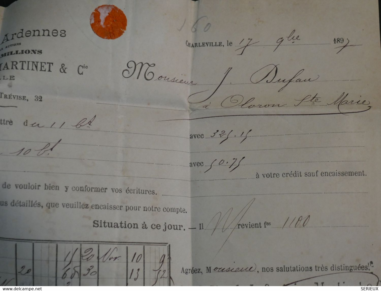 M 31  FRANCE  BELLE  LETTRE +.PERFORé+1897 CHARLEVILLE A OLORON   + AFFRANCH. INTERESSANT ++. - Lettres & Documents