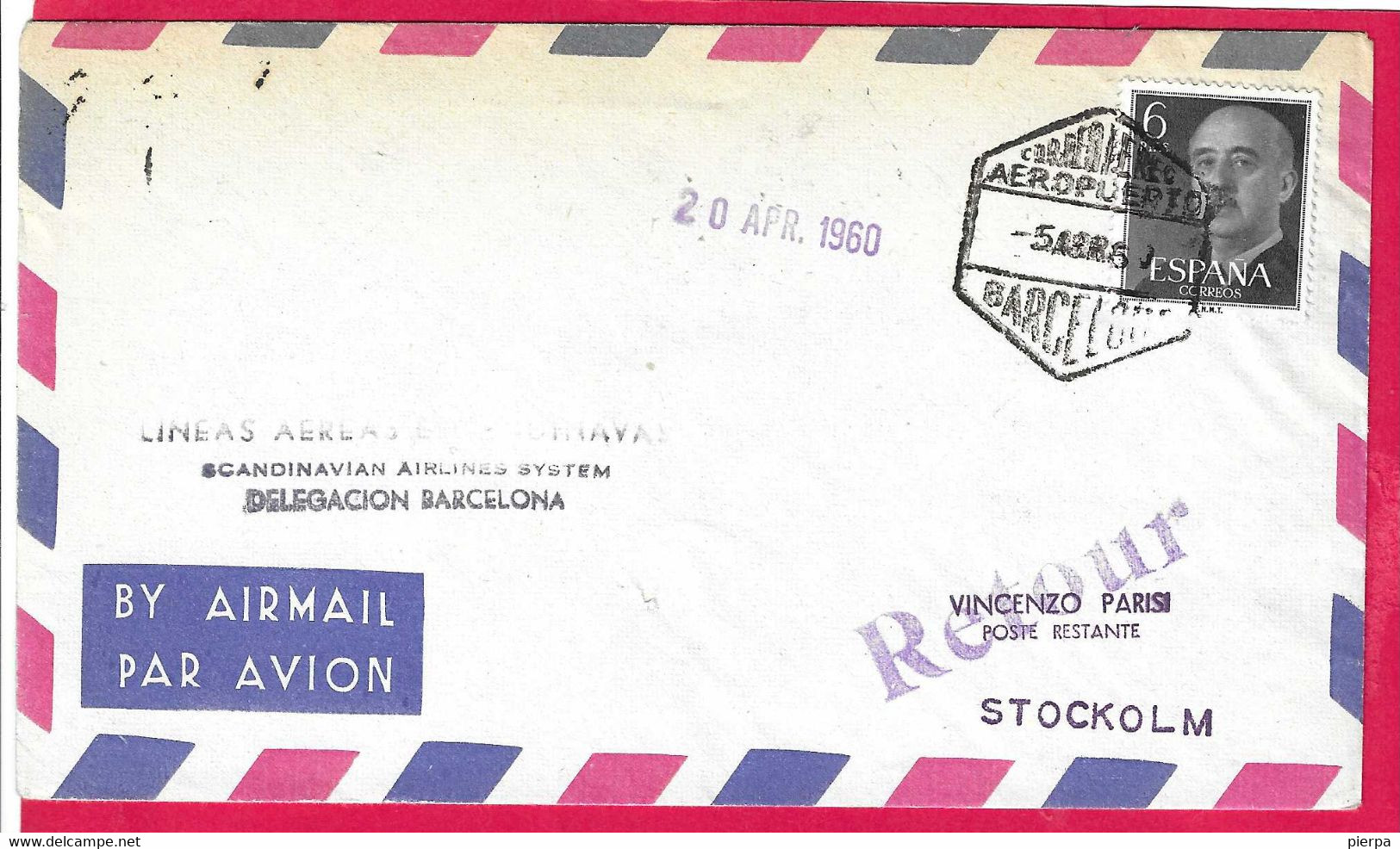 SPAGNA - PRIMO VOLO S.A.S. - BARCELONA - STOCKOLM *5.ABR.1960* SU BUSTA VIA AEREA - Cartas & Documentos