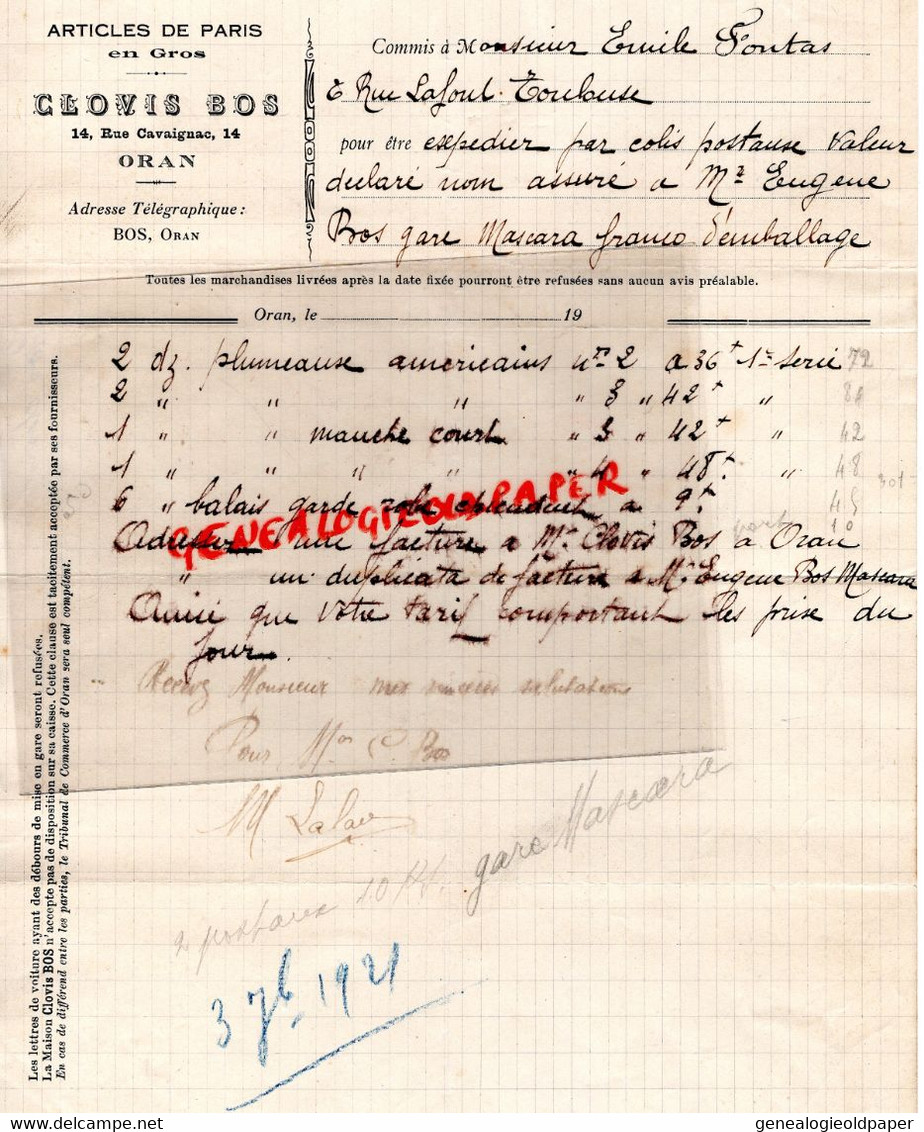 ALGERIE -ORAN- LETTRE CLOVIS BOS-ARTICLES DE PARIS -14 RUE CAVAIGNAC- EMILE FONTAS TOULOUSE-1920 - Autres & Non Classés