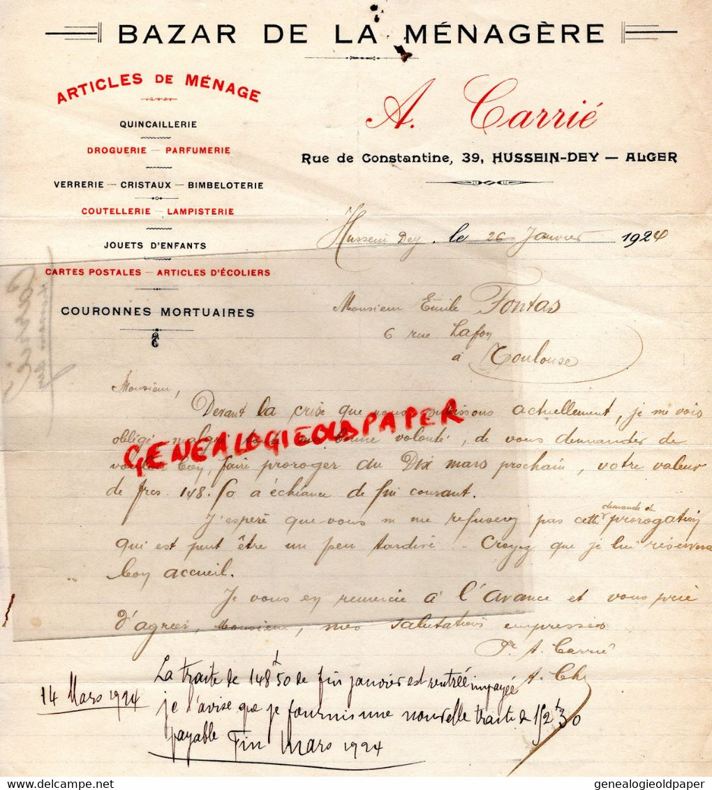 ALGERIE - ALGER- RARE LETTRE  A. CARRIE-BAZAT MENAGERE-DROGUERIE -RUE CONSTANTINE 39- HUSSEIN DEY-1924 - Sonstige & Ohne Zuordnung