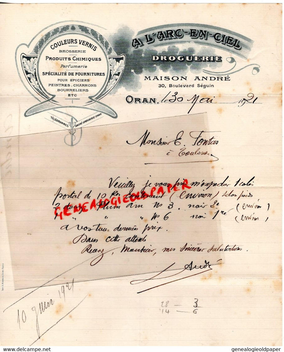 ALGERIE - ORAN- LETTRE A L' ARC EN CIEL DROGUERIE VERNIS- BROSSERIE- MAISON ANDRE-30 BOULEVARD SEGUIN- 1921 - Other & Unclassified