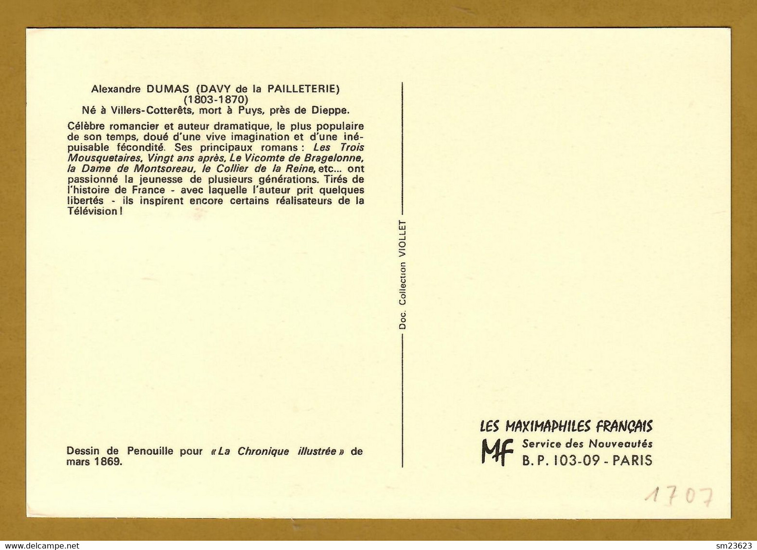 Frankreich / France 1970  Mi.Nr. 1707 , Alexandre Dumas Pére - Maximum Card - Villers-Cotterets 11 Avril 1970 - Ecrivains