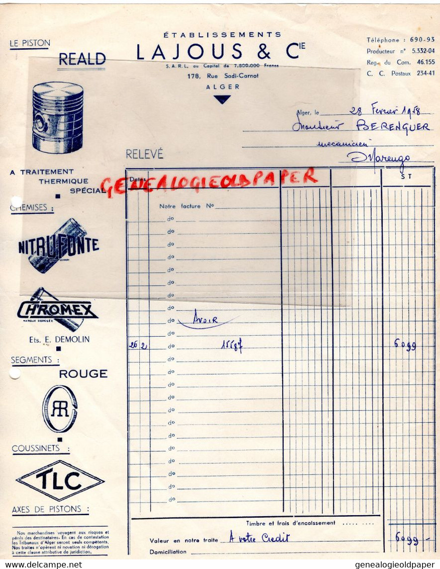 ALGERIE- ALGER- RARE LETTRE LAJOUS -PISTON REALD-NITRUFONTE-CHROMEX-BERENGUER MECANICIEN MARENGO-1958 - Andere & Zonder Classificatie