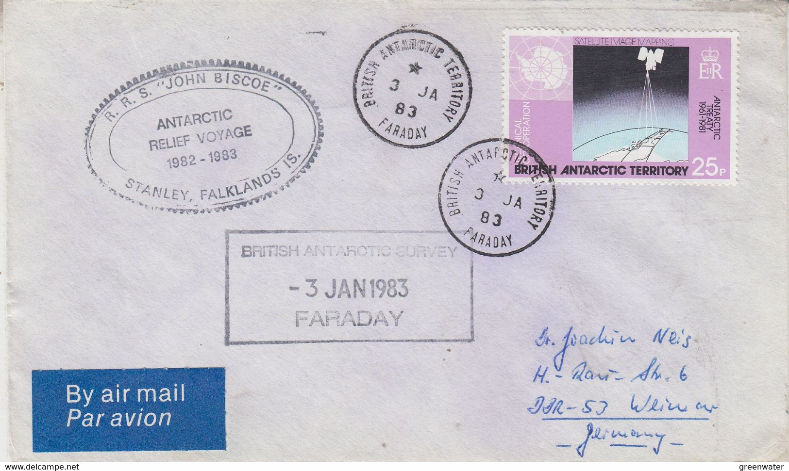 British Antarctic Territories (BAT) Ca RRS John Biscoe Cover Ca BAT Faraday 3 JA 1983 (TB186A) - Covers & Documents