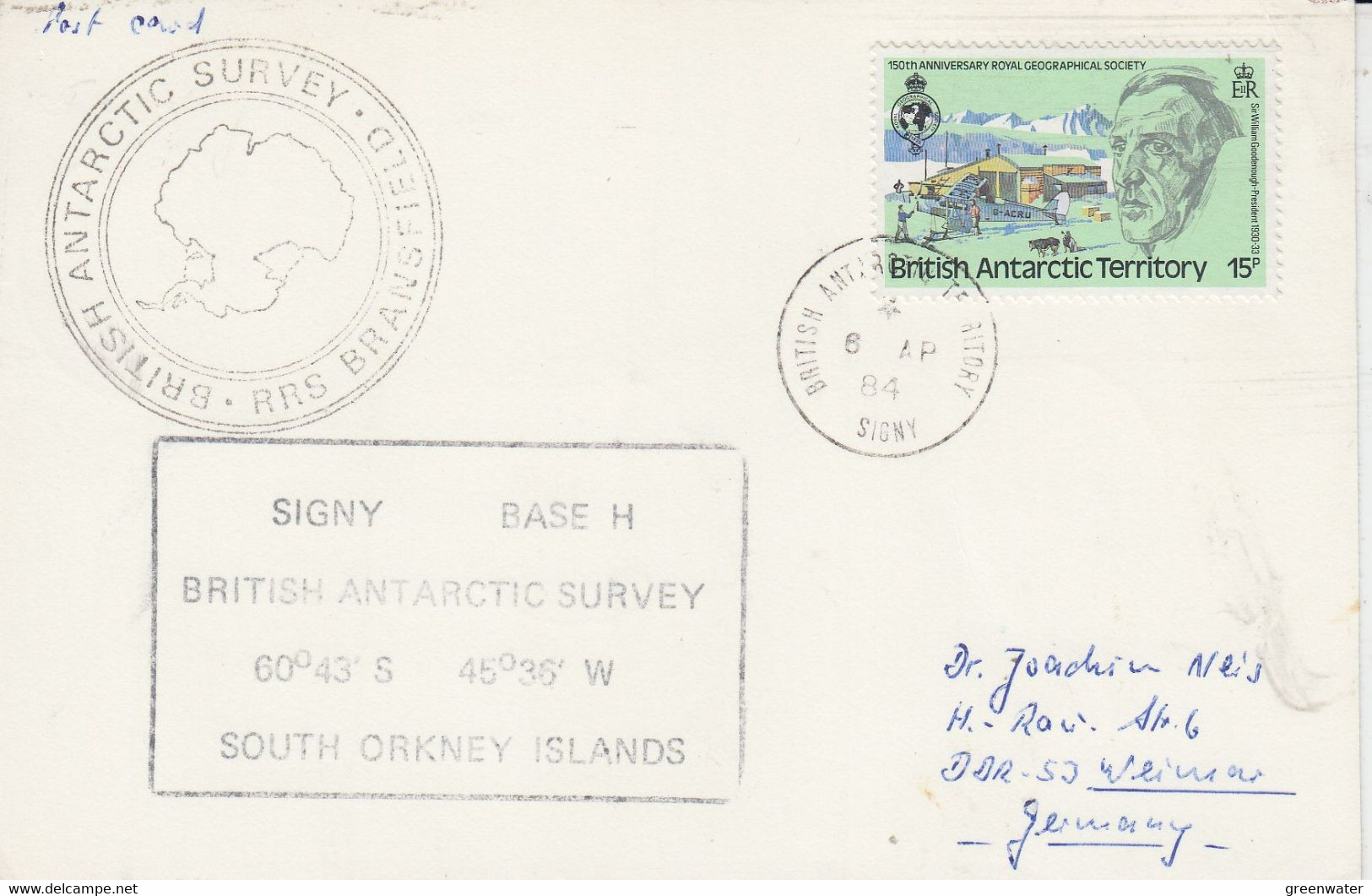 British Antarctic Territory (BAT)  Ca RRS Bransfield, Ca Signy Base H Ca BAT Signy 6 AP 1984 (TB188A) - Covers & Documents