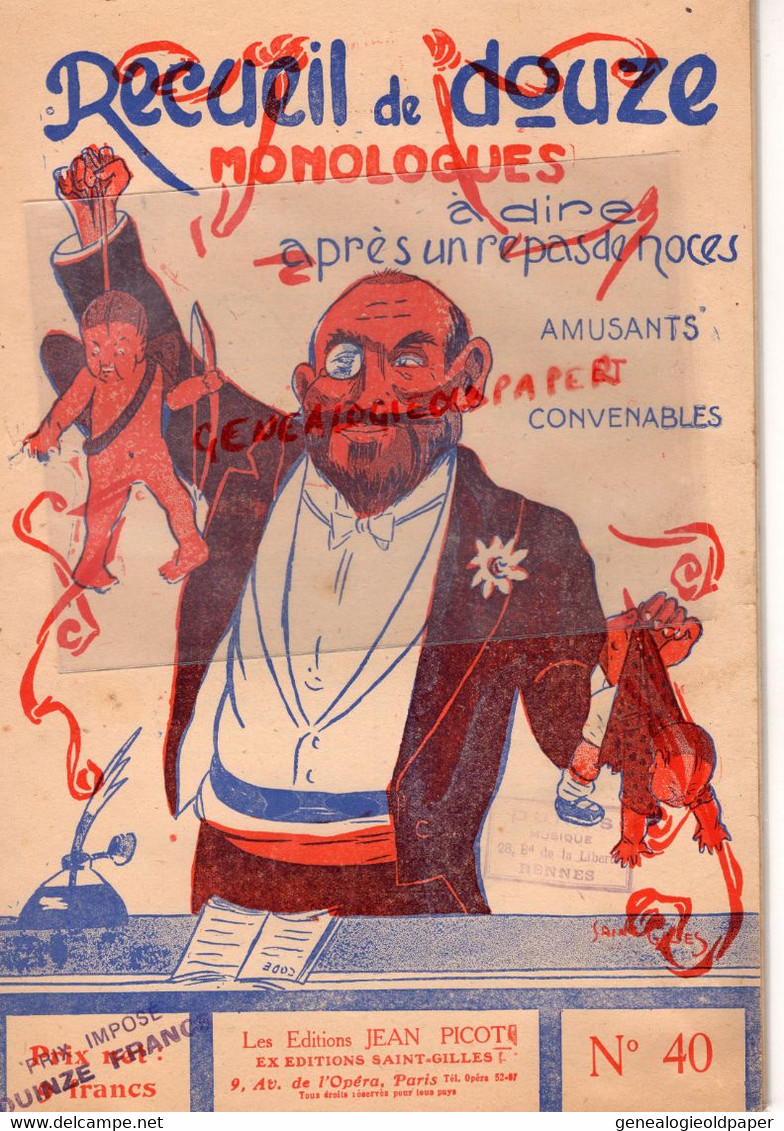 75- PARIS - RECUEIL DE DOUZE MONOLOGUES POUR REPAS DE NOCE-MARIAGE-BIGAME-GARCON D' HONNEUR-JALOUSIE-JEAN PICOT N° 40 - Non Classés