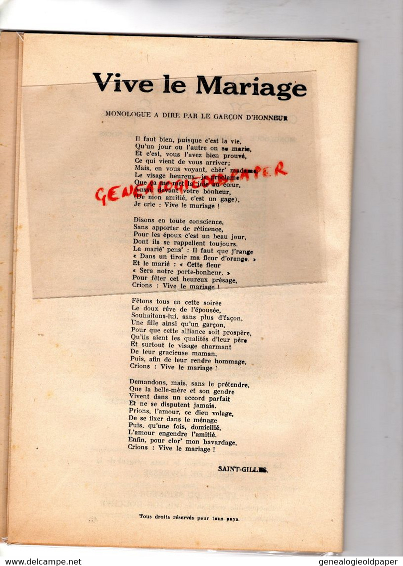 75- PARIS - RECUEIL DE DOUZE MONOLOGUES POUR REPAS DE NOCE-MARIAGE-BIGAME-GARCON D' HONNEUR-JALOUSIE-JEAN PICOT N° 40 - Sin Clasificación