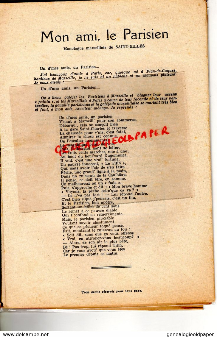 13-MARSEILLE - RECUEIL DE DOUZE MONOLOGUES HISTOIRES ET BLAGUES-LE PARISIEN-PANTOMINE-MARIUS--JEAN PICOT N° 40 - Unclassified