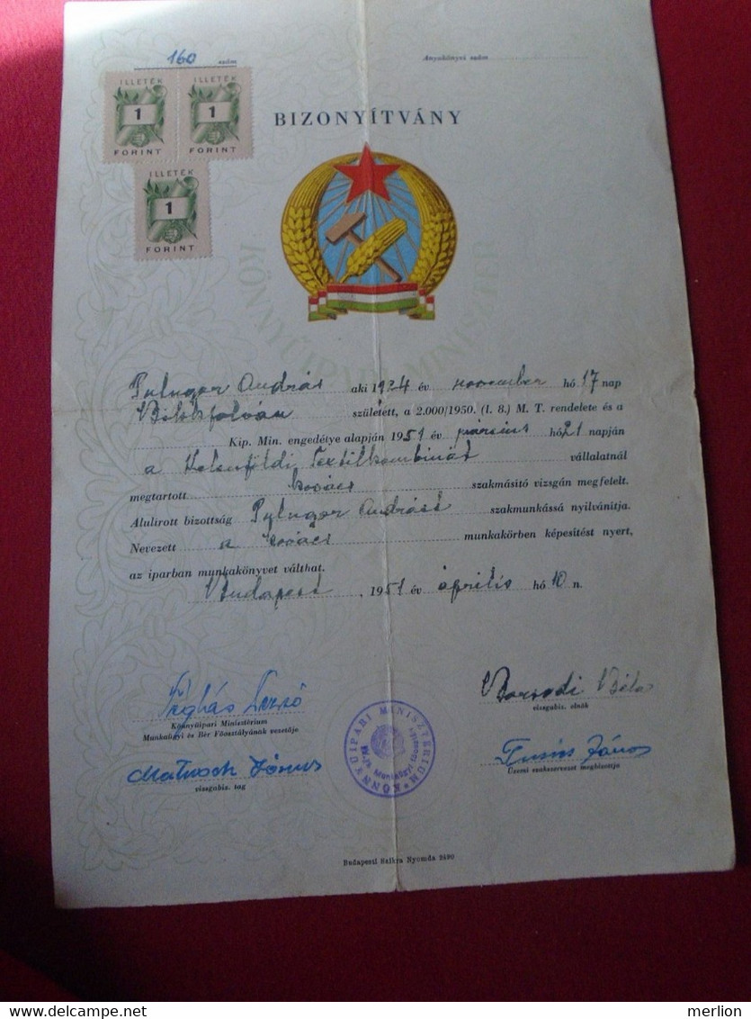 DEL013.29   Old Document -Certificate -  1951 Hungary Romania  BIKFALVA - Pulugor András -   Háromszék  -revenue Stamps - Fiscali