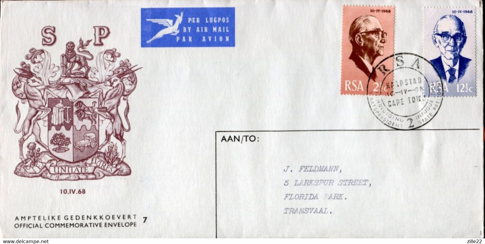 RSA - Republik Südafrika - Pharma FDC Addressed Or Special Cover Or Card - Mi# 361-2 - Inauguration President Fouche - Lettres & Documents