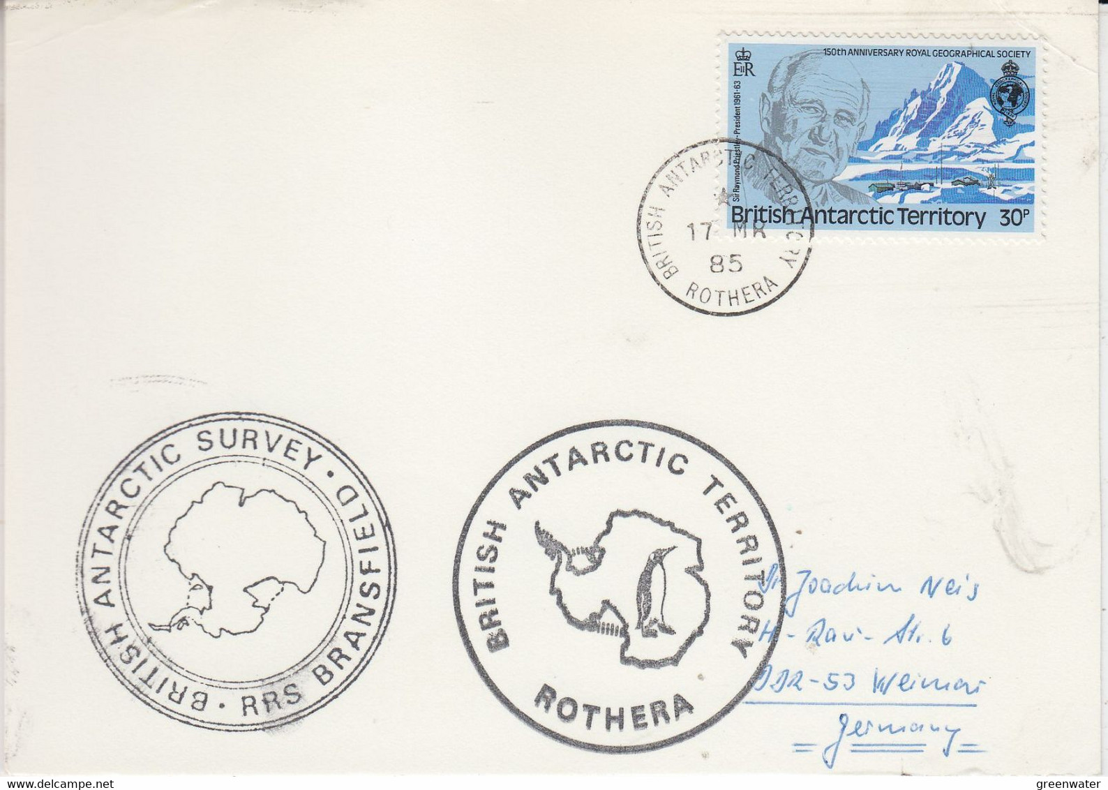 British Antarctic Territory (BAT) Card Ca RRS Bransfield Ca BAT Rothera 17 MR 1985 (TB193) - Briefe U. Dokumente
