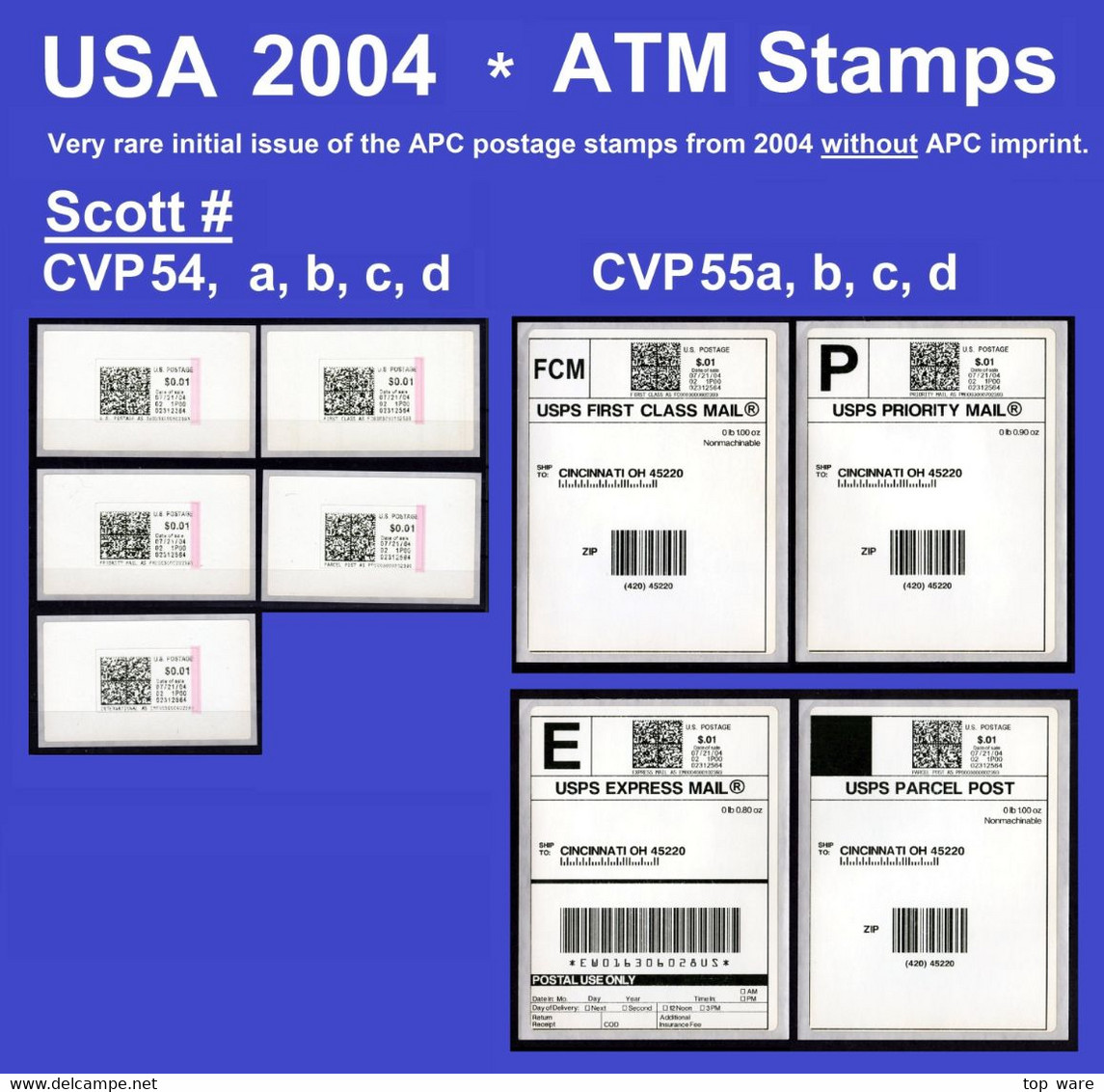 USA 2004 / 9x ORIGINAL APC ATM STAMPS / Scott # CVP54, A-d + CVP55a-d / LSA Distributeurs Automatenmarken CVP / SCARCE - Machine Labels [ATM]