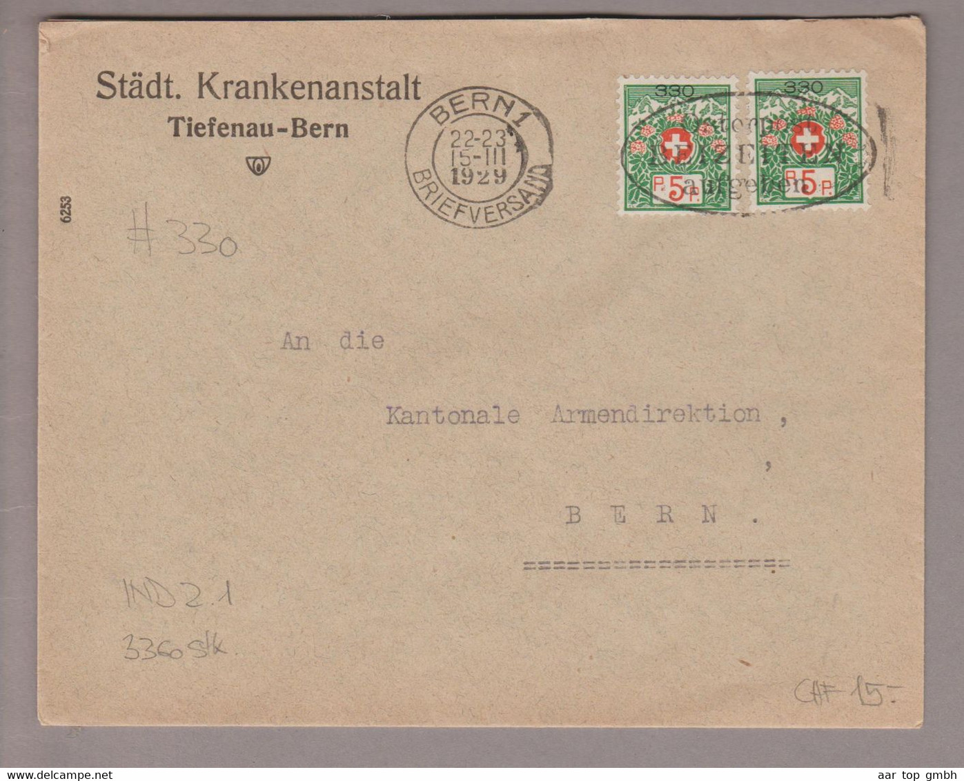 CH Portofreiheit Zu#8 5Rp. 2x GR#330 Brief 1929-03-15 Bern Städt. Krankenanstalt Tiefenau-Bern - Franchigia