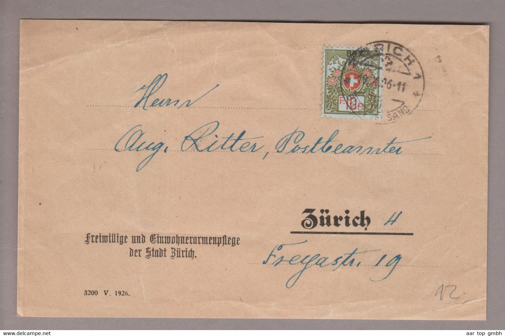 CH Portofreiheit Zu#9 10Rp. GR#897 Brief 1926-10-10 Zürich Freiwillige Einwohnerarmenpflege - Franchigia