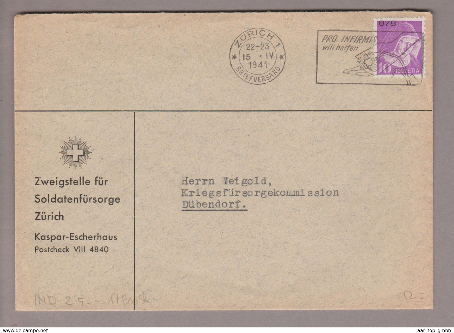 CH Portofreiheit Zu#15z 10Rp. GR#878 Brief Soldatenfürsorge Zürich 1941-04-15 Zürich1 - Franchigia