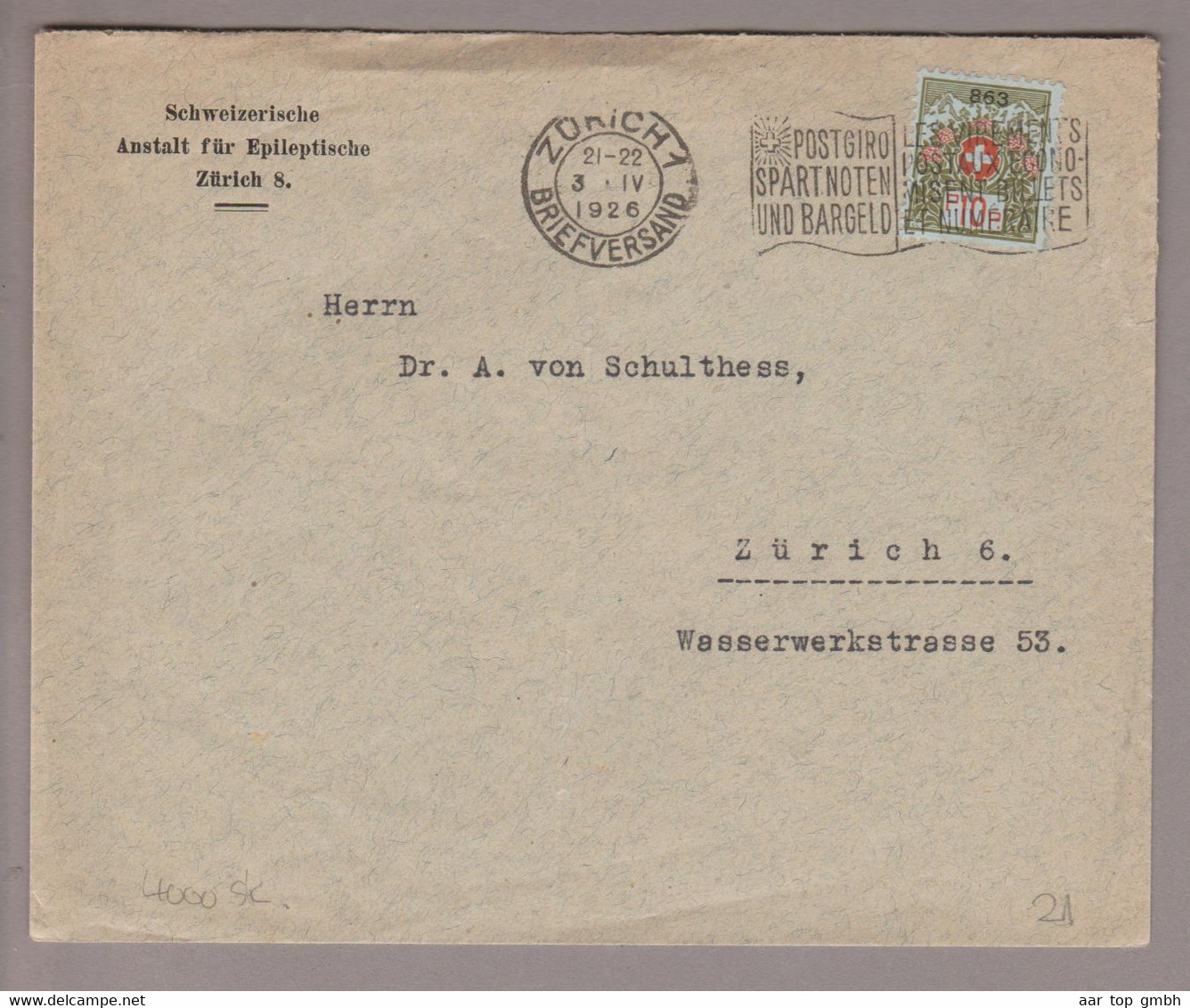CH Portofreiheit Zu#9 10Rp. GR#863 Brief 1926-04-03 Zürich Schweiz. Anstalt F.Epileptische Zürich8 - Franchise