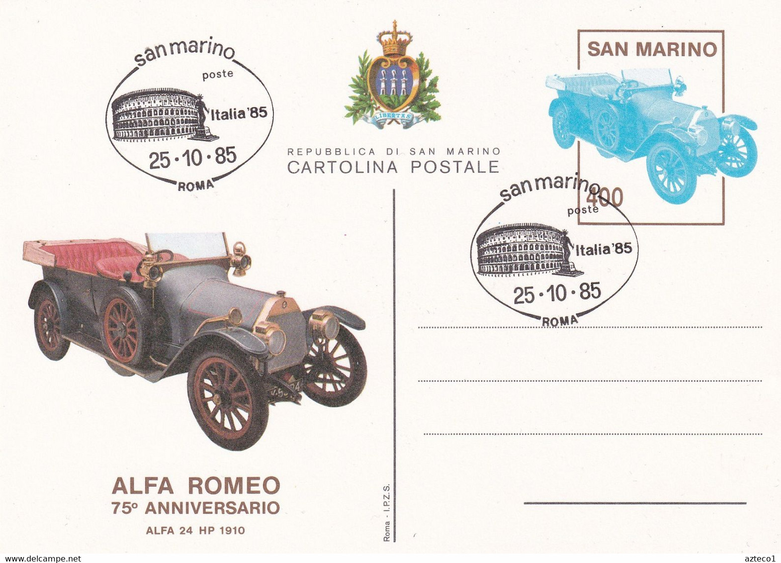 SAN MARINO - CARTOLINA POSTALE  1985 - ALFA  ROMEO - AUTO - ANNULLO SPECIALE ITALIA 85 - Entiers Postaux