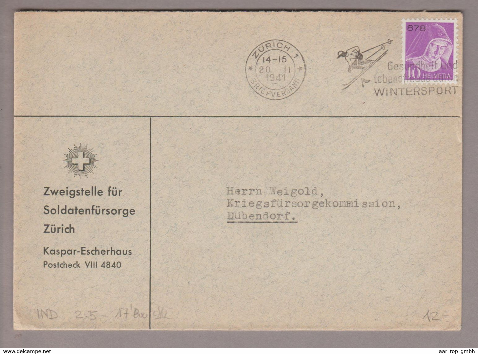CH Portofreiheit Zu#15z 10Rp. GR#878 Brief 1941-02-20 Zürich Soldatenfürsorge Zürich - Portofreiheit