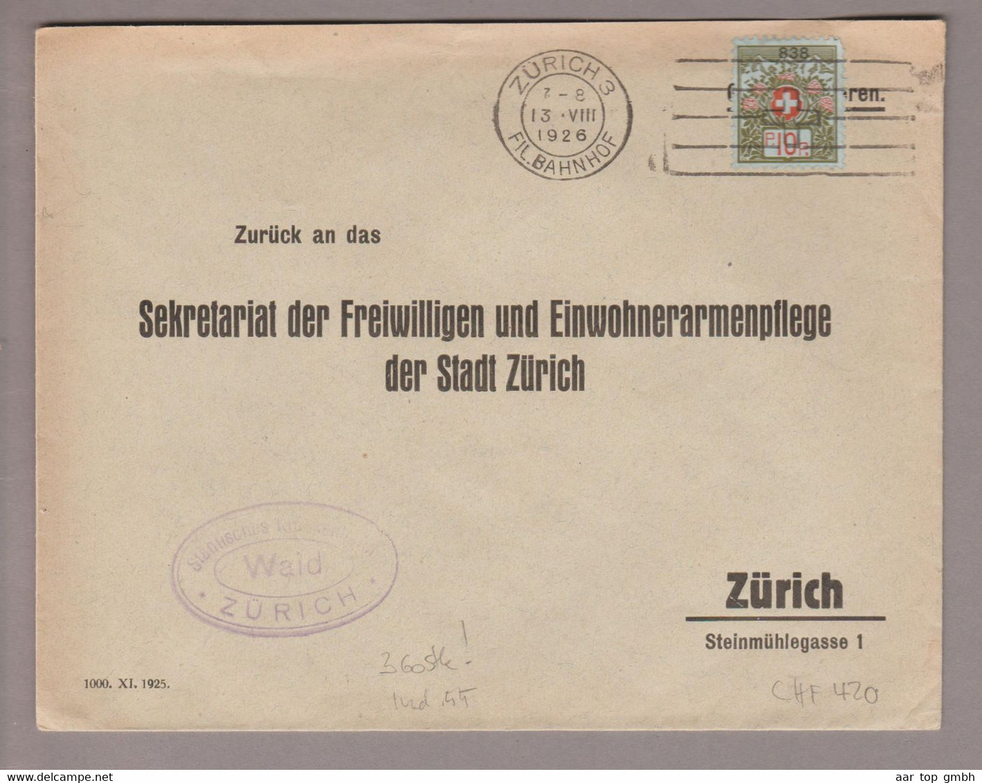 CH Portofreiheit Zu#9 10Rp. GR#838 Brief 1926-08-13 Zürich Städtisches Krankenheim Wald (360Stk.10Rp.) - Franchigia