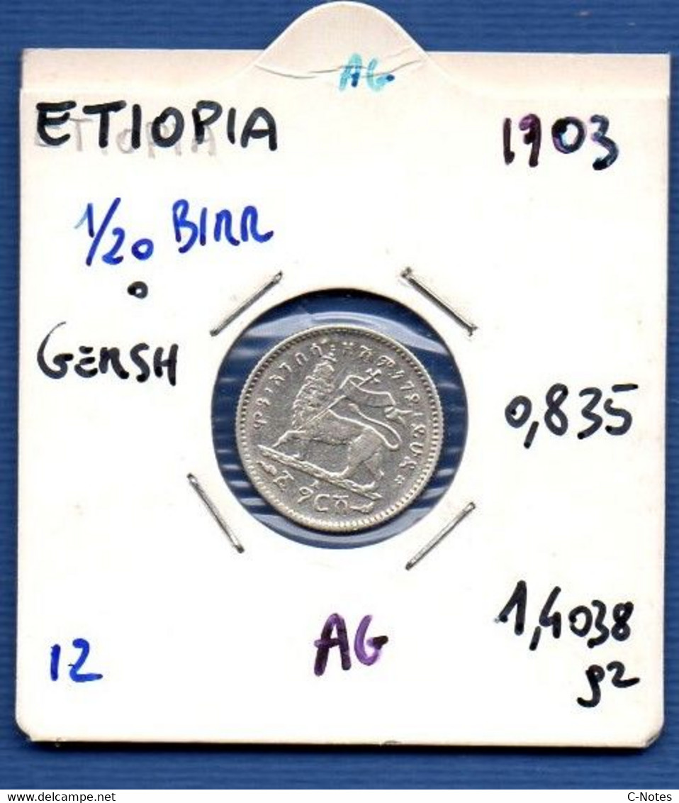 ETHIOPIA - 1/2 Birr / Gersh 1903  -  See Photos - SILVER - Km 12 - Ethiopië