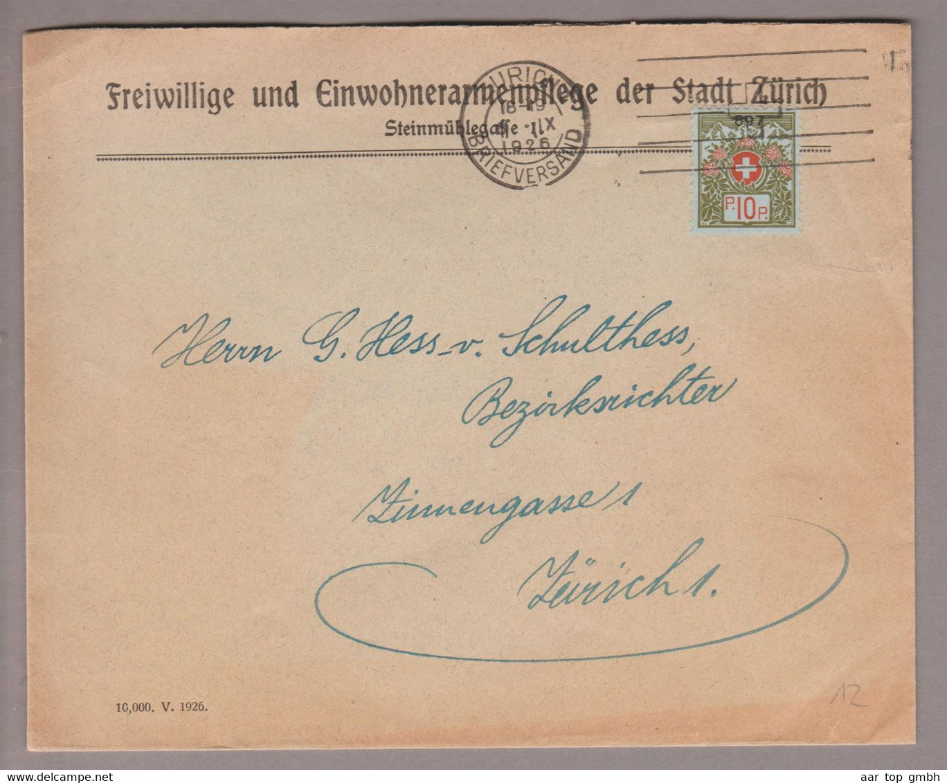 CH Portofreiheit Zu#9 10Rp. GR#897 Brief 1926-09-06 Zürich Freiwillige Und Einwohnerarmenpflege Zürich Stadt - Portofreiheit