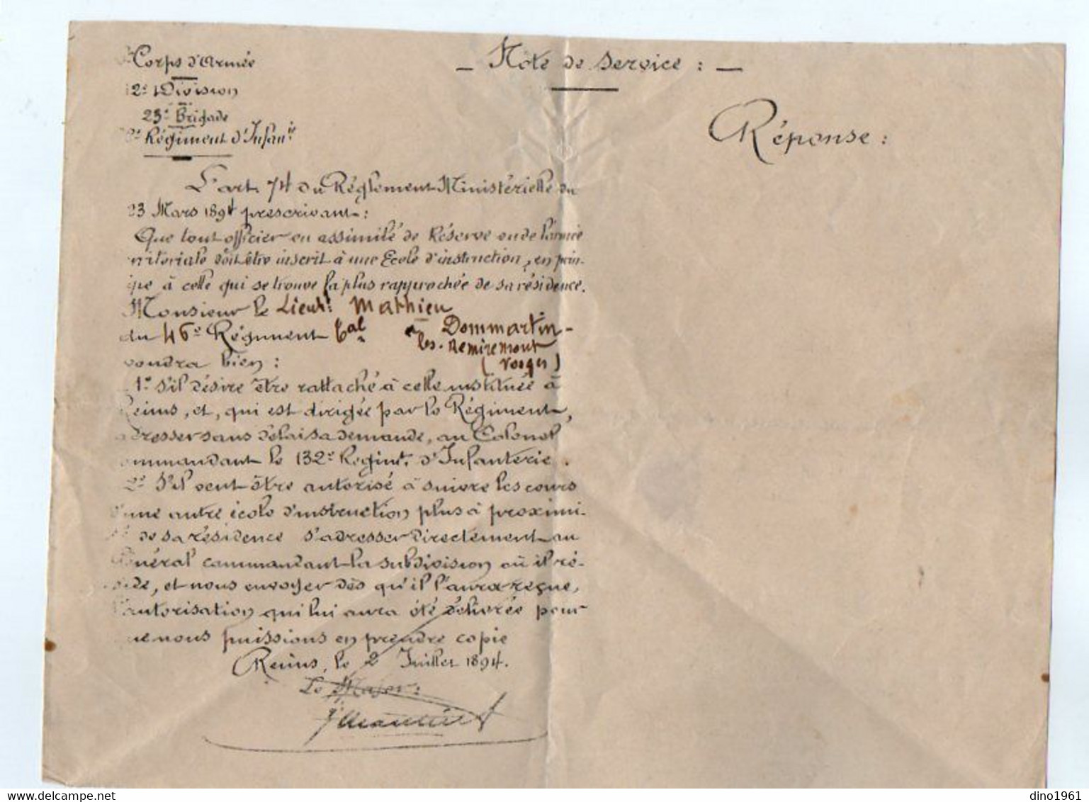 VP20.989 - Lot de Documents concernant le Soldat MATHIEU du 23ème Rgt d'Infanterie à BOURG & DOMMARTIN LES REMIREMONT