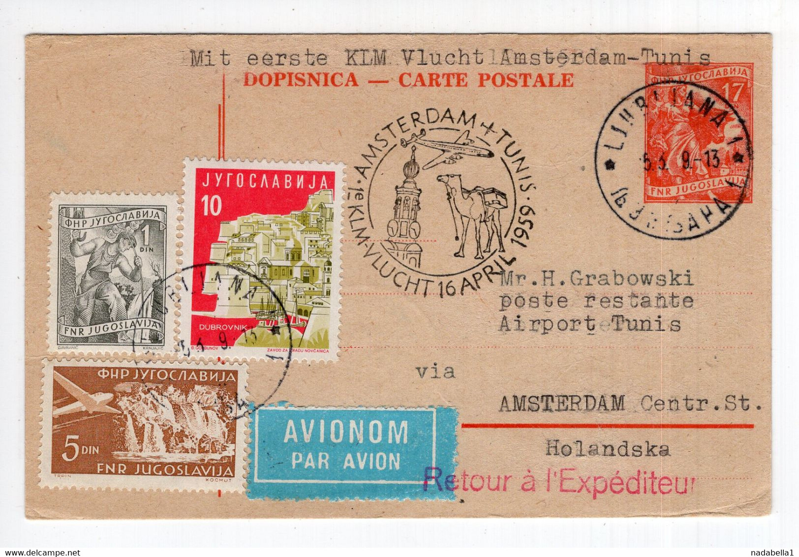 1959. YUGOSLAVIA,SLOVENIA,AIRMAIL,LJUBLJANA-AMSTERDAM-TUNIS-LJUBLJANA,RETURNED,KLM FIRST FLIGHT TO TUNISIA - Posta Aerea