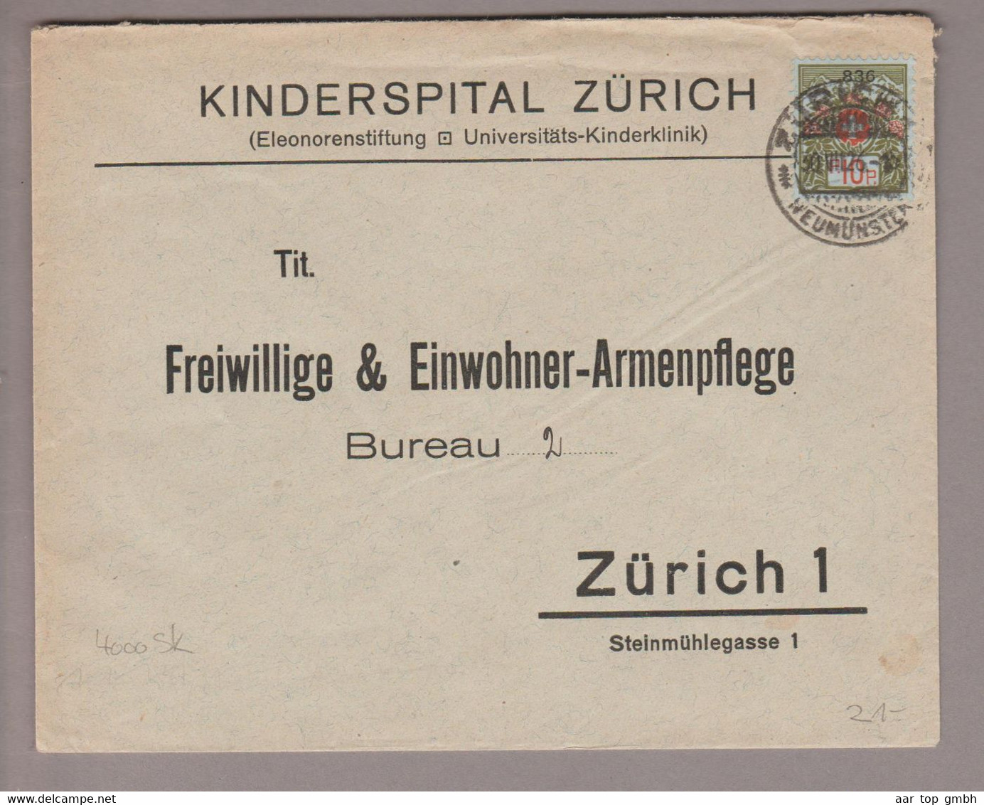 CH Portofreiheit Zu#9 10Rp. GR#836 Brief Zürich 1926-07-30 Kinderspital Zürich - Franchigia