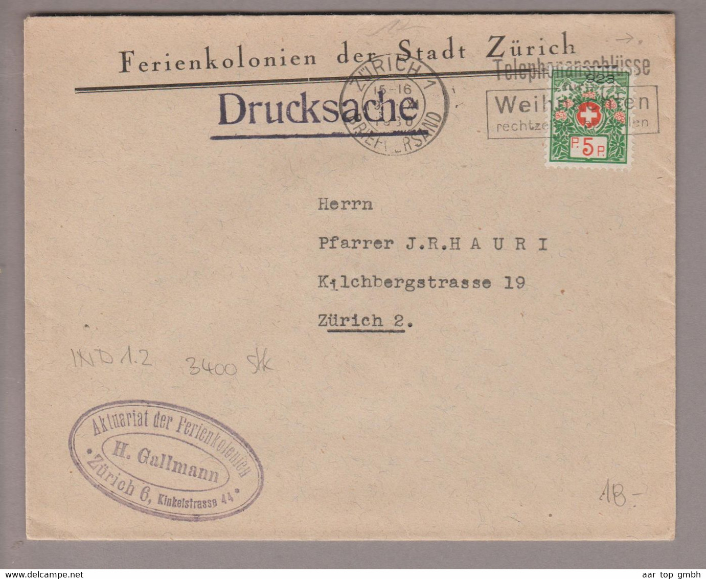 CH Portofreiheit Zu#11A 5Rp. GR#923 Brief 1930-10-19 Zürich Ferienkolonien Der Stadt Zürich - Franchise