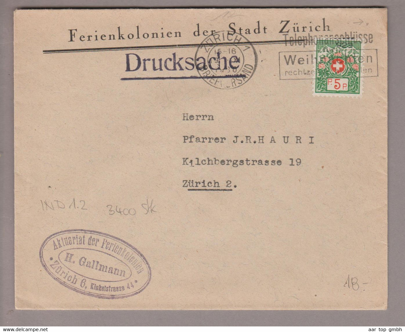 CH Portofreiheit Zu#11A 5Rp. GR#923 Brief 1930-10-19 Zürich Ferienkolonien Der Stadt Zürich - Vrijstelling Van Portkosten