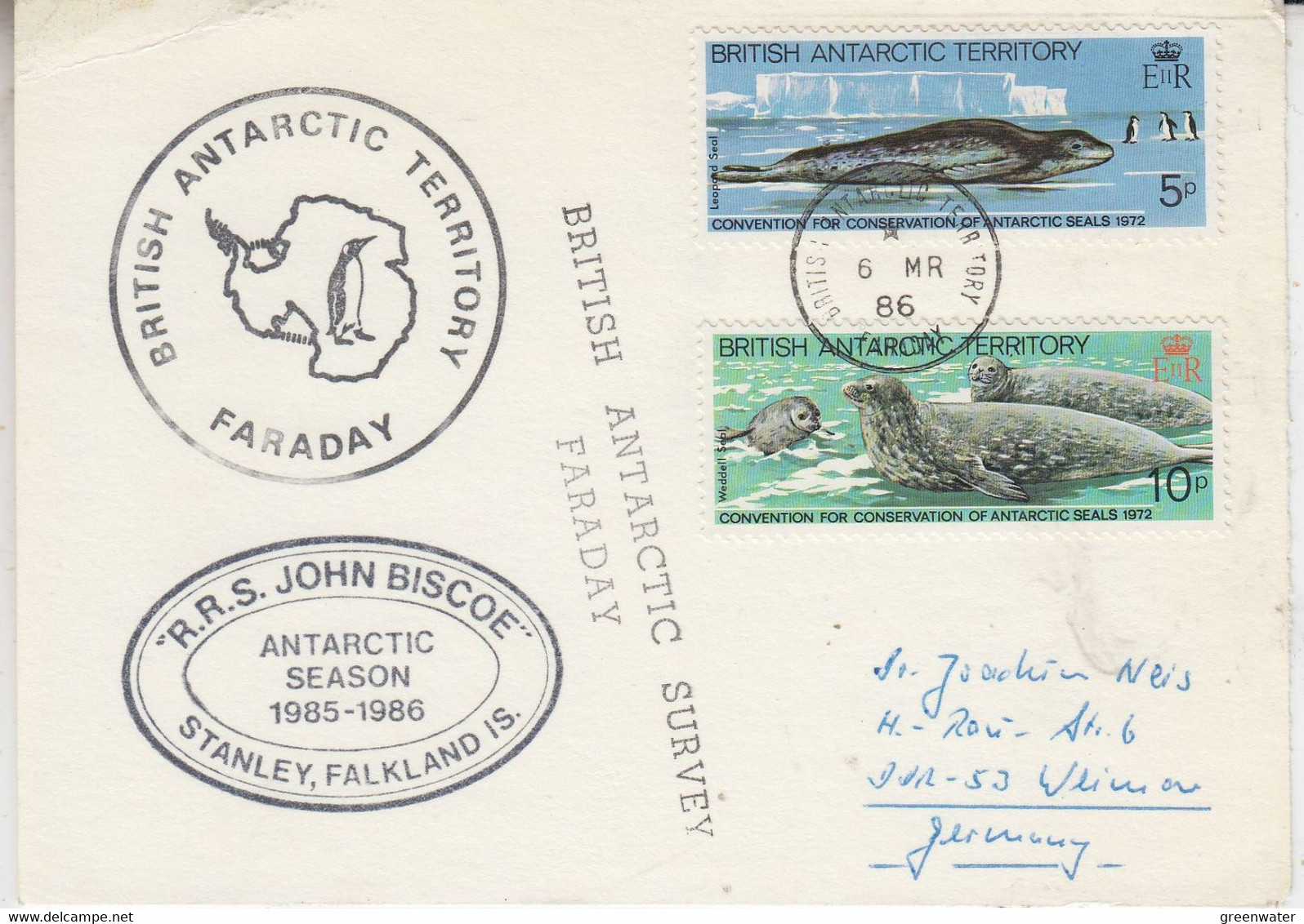 British Antarctic Territory (BAT) Card Ca RRS John Biscoe Ca BAT Faraday 6 MR 1986 (TB200) - Briefe U. Dokumente