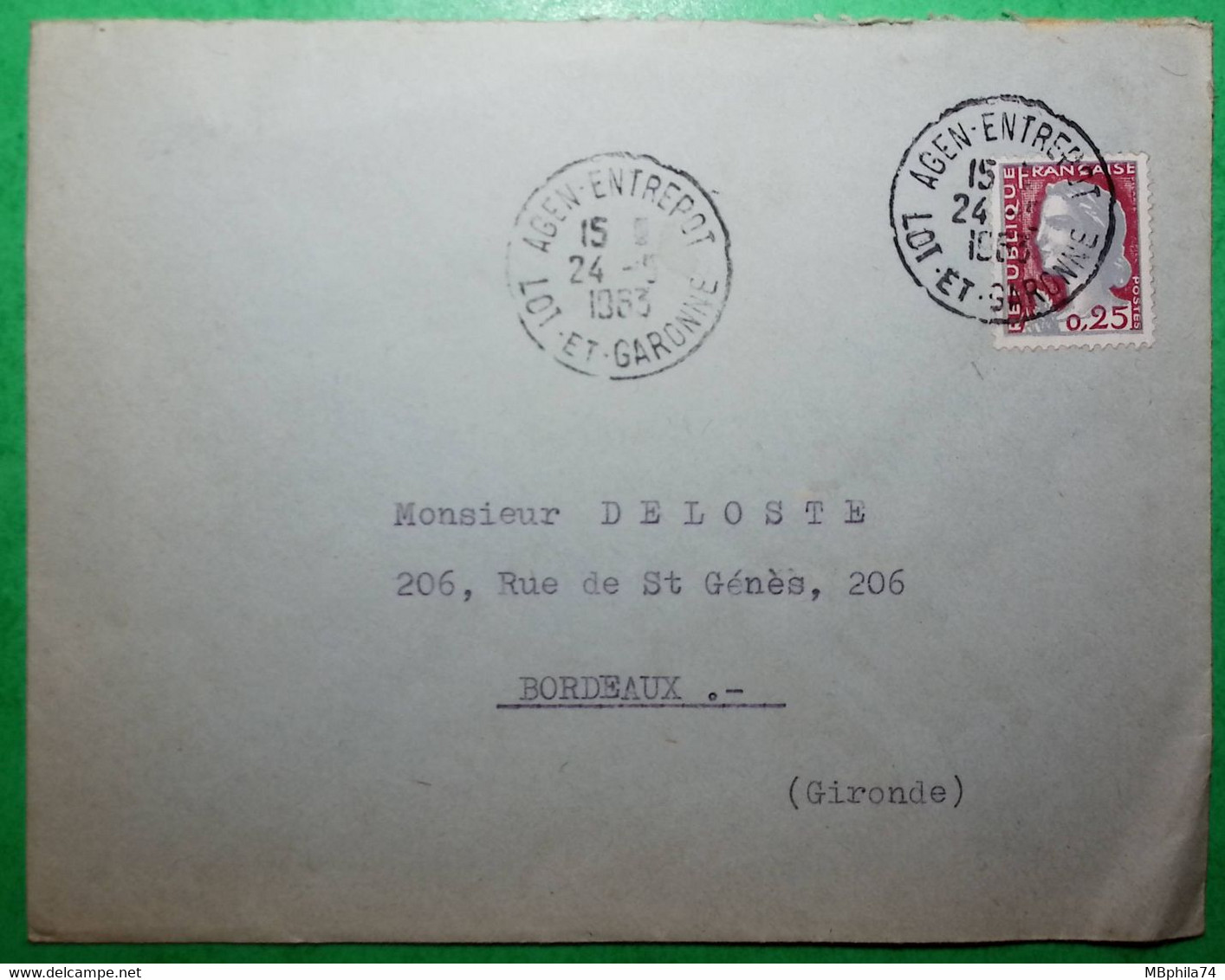 N°1263 MARIANNE DE DECARIS OBLITERATION AGEN ENTREPOT LOT ET GARONNE POUR BORDEAUX GIRONDE 1963 LETTRE COVER FRANCE - 1960 Marianne (Decaris)