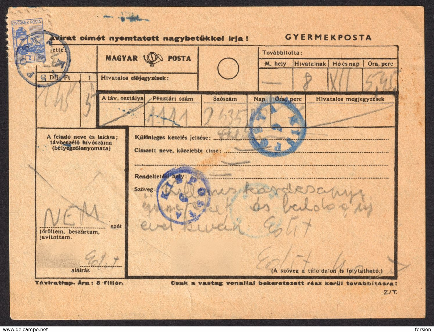 TOY CAR Automobile Label Cinderella Vignette CHILDREN POST OFFICE Telegram Telegraph Form HUNGARY1950 KISPOSTA Postmark - Telegrafi
