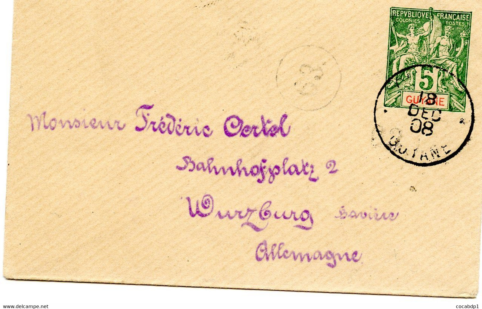 GUYANE - ENTIER POSTAL 5 CTS VERT JAUNE 1908 A DESTINATION ALLEMAGNE - RARE - Brieven En Documenten
