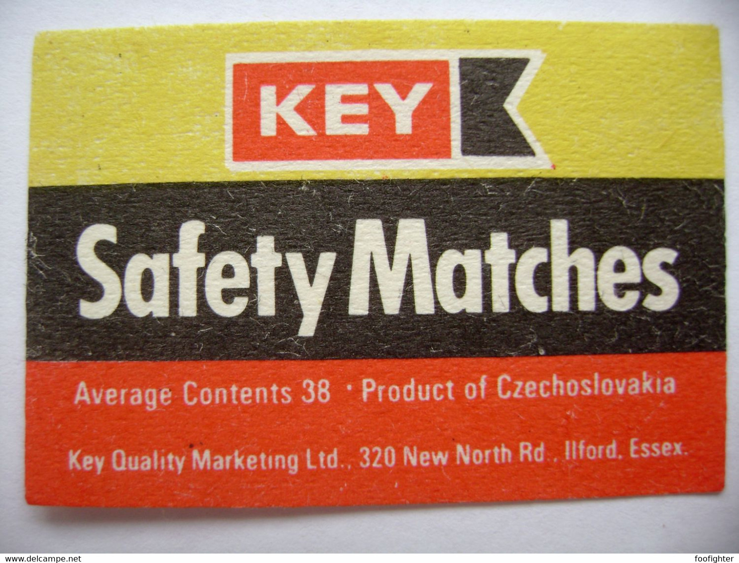 KEY Quality Marketing Ltd Ilford Essex Safety Matches, 38 Matches - Matchbox Label (5 X 3,4 Cm) Czechoslovakia Export UK - Zündholzschachteletiketten