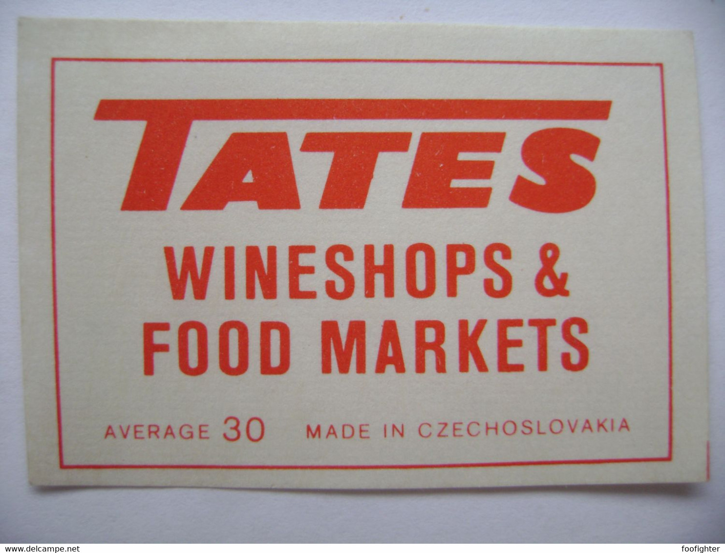 TATES Wineshops & Food Markets - 30 Matches, Matchbox Label (5 X 3,4 Cm) Czechoslovakia Export UK - Zündholzschachteletiketten